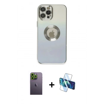 MARSİLYAN™- iPhone 12 Pro Max Kılıf Kutup Yansıma Özel Seri - Siyah 3D Antistatik Cam Ekran Koruyucu + Neon Fosforlu Kamera Lens - YL