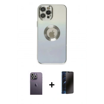 MARSİLYAN™- iPhone 12 Pro Max Kılıf Kutup Yansıma Özel Seri - Siyah 3D Antistatik Hayalet Cam Ekran Koruyucu + Neon Fosforlu Kamera Lens - BZ