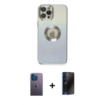MARSİLYAN™- iPhone 12 Pro Max Kılıf Kutup Yansıma Özel Seri - Siyah 3D Antistatik Hayalet Cam Ekran Koruyucu + Neon Fosforlu Kamera Lens - MI