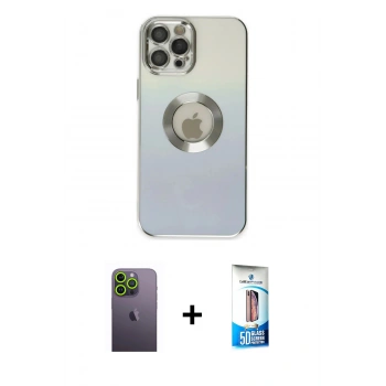 MARSİLYAN™- iPhone 12 Pro Max Kılıf Kutup Yansıma Özel Seri - Siyah 5D Eko Cam Ekran Koruyucu + Neon Fosforlu Kamera Lens - YL