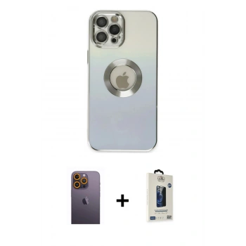 MARSİLYAN™- iPhone 12 Pro Max Kılıf Kutup Yansıma Özel Seri - Siyah Bilvis Hayalet Cam Ekran Koruyucu + Neon Fosforlu Kamera Lens - SI