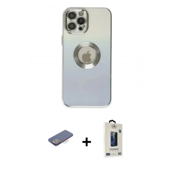 MARSİLYAN™- iPhone 12 Pro Max Kılıf Kutup Yansıma Özel Seri - Siyah Bilvis Hayalet Cam Ekran Koruyucu + Renkli Kamera Lens Koruma Cam - PE