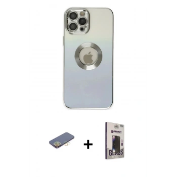 MARSİLYAN™- iPhone 12 Pro Max Kılıf Kutup Yansıma Özel Seri - Siyah Bilvis Hayalet Cam Ekran Koruyucu + Renkli Kamera Lens Koruma Cam - SI