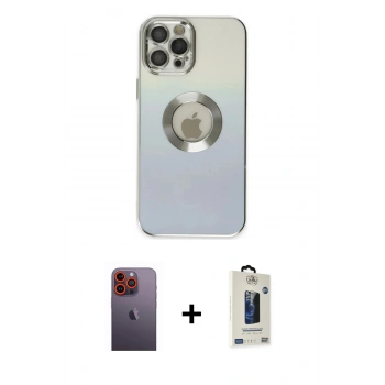 MARSİLYAN™- iPhone 12 Pro Max Kılıf Kutup Yansıma Özel Seri - Siyah Bilvis Hayalet Cam Ekran Koruyucu + Neon Fosforlu Kamera Lens - TU
