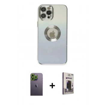 MARSİLYAN™- iPhone 12 Pro Max Kılıf Kutup Yansıma Özel Seri - Siyah Bilvis Hayalet Cam Ekran Koruyucu + Neon Fosforlu Kamera Lens - YL