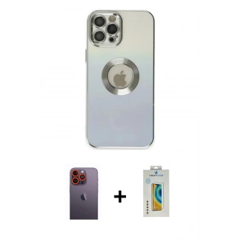 MARSİLYAN™- iPhone 12 Pro Max Kılıf Kutup Yansıma Özel Seri - Siyah Polymer Nano Ekran Koruyucu + Neon Fosforlu Kamera Lens - TU