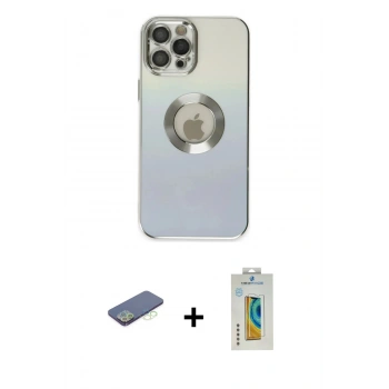 MARSİLYAN™- iPhone 12 Pro Max Kılıf Kutup Yansıma Özel Seri - Siyah Polymer Nano Ekran Koruyucu + Renkli Kamera Lens Koruma Cam - YL