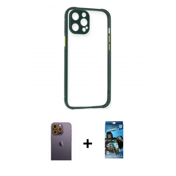 MARSİLYAN™- iPhone 12 Pro Max Kılıf Nova Asil Özel Seri - Siyah 34D Izgaralı Cam + Neon Fosforlu Kamera Lens - SI