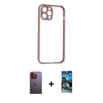 MARSİLYAN™- iPhone 12 Pro Max Kılıf Nova Asil Özel Seri - Siyah 34D Izgaralı Cam + Neon Fosforlu Kamera Lens - TU