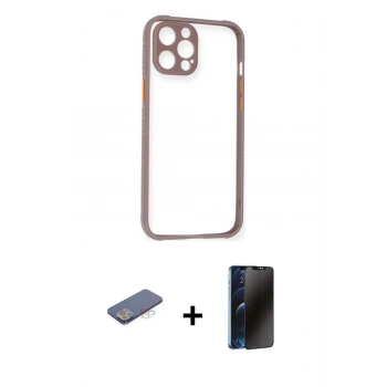 MARSİLYAN™- iPhone 12 Pro Max Kılıf Nova Asil Özel Seri - Siyah 3D Antistatik Hayalet Cam Ekran Koruyucu + Renkli Kamera Lens Koruma Cam - MI