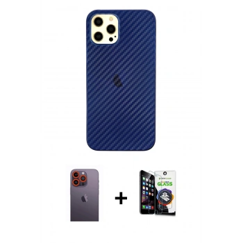 MARSİLYAN™- iPhone 12 Pro Max Kılıf Nova Çizgi - Şeffaf Temperli Cam Ekran Koruyucu + Neon Fosforlu Kamera Lens - TU