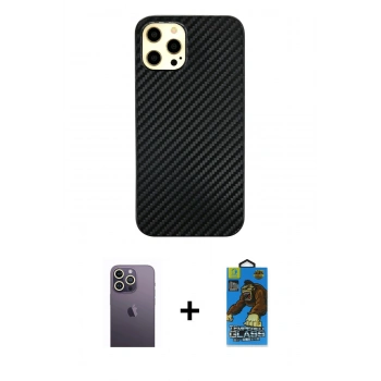 MARSİLYAN™- iPhone 12 Pro Max Kılıf Nova Çizgi - Siyah 18D Cam Ekran Koruyucu + Neon Fosforlu Kamera Lens - BZ