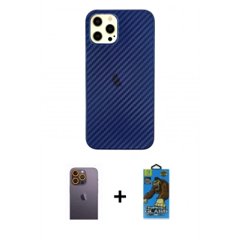 MARSİLYAN™- iPhone 12 Pro Max Kılıf Nova Çizgi - Siyah 18D Cam Ekran Koruyucu + Neon Fosforlu Kamera Lens - SI