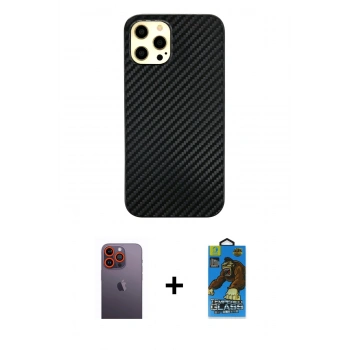 MARSİLYAN™- iPhone 12 Pro Max Kılıf Nova Çizgi - Siyah 18D Cam Ekran Koruyucu + Neon Fosforlu Kamera Lens - TU