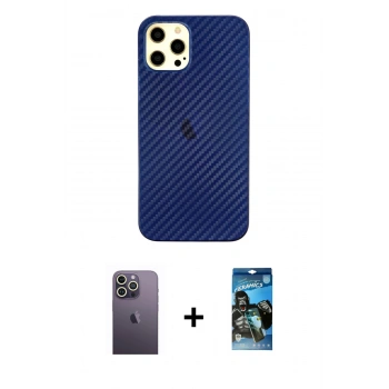 MARSİLYAN™- iPhone 12 Pro Max Kılıf Nova Çizgi - Siyah 34D Izgaralı Cam + Neon Fosforlu Kamera Lens - BZ