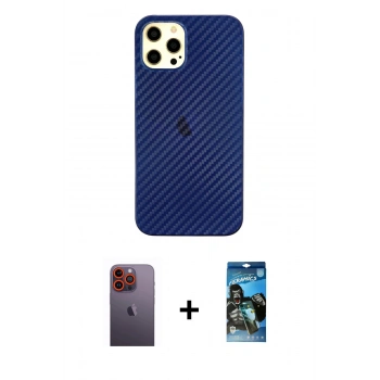 MARSİLYAN™- iPhone 12 Pro Max Kılıf Nova Çizgi - Siyah 34D Izgaralı Cam + Neon Fosforlu Kamera Lens - TU