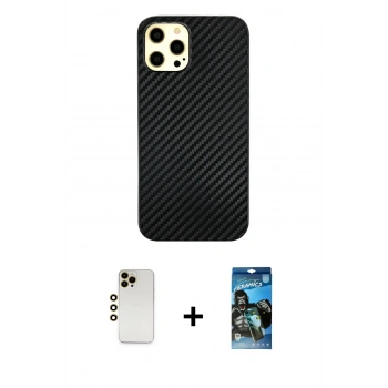 MARSİLYAN™- iPhone 12 Pro Max Kılıf Nova Çizgi - Siyah 34D Izgaralı Cam + Shine Kamera Lens - GD