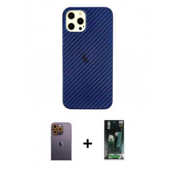 MARSİLYAN™- iPhone 12 Pro Max Kılıf Nova Çizgi - Siyah 360 Mat Full Body Arka Koruyucu + Neon Fosforlu Kamera Lens - SI