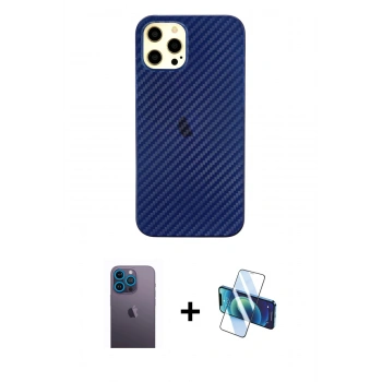 MARSİLYAN™- iPhone 12 Pro Max Kılıf Nova Çizgi - Siyah 3D Antistatik Cam Ekran Koruyucu + Neon Fosforlu Kamera Lens - MI