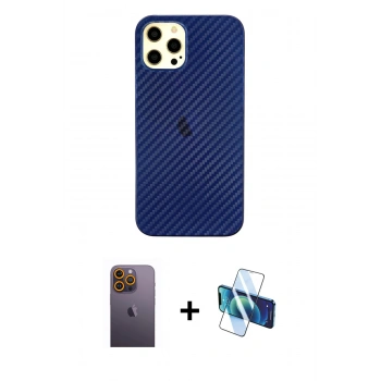 MARSİLYAN™- iPhone 12 Pro Max Kılıf Nova Çizgi - Siyah 3D Antistatik Cam Ekran Koruyucu + Neon Fosforlu Kamera Lens - SI