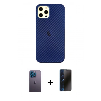 MARSİLYAN™- iPhone 12 Pro Max Kılıf Nova Çizgi - Siyah 3D Antistatik Hayalet Cam Ekran Koruyucu + Neon Fosforlu Kamera Lens - MI