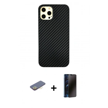 MARSİLYAN™- iPhone 12 Pro Max Kılıf Nova Çizgi - Siyah 3D Antistatik Hayalet Cam Ekran Koruyucu + Renkli Kamera Lens Koruma Cam - SI
