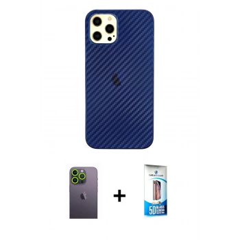 MARSİLYAN™- iPhone 12 Pro Max Kılıf Nova Çizgi - Siyah 5D Eko Cam Ekran Koruyucu + Neon Fosforlu Kamera Lens - YL