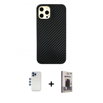 MARSİLYAN™- iPhone 12 Pro Max Kılıf Nova Çizgi - Siyah Bilvis Hayalet Cam Ekran Koruyucu + Shine Kamera Lens - LT