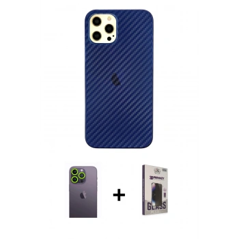 MARSİLYAN™- iPhone 12 Pro Max Kılıf Nova Çizgi - Siyah Bilvis Hayalet Cam Ekran Koruyucu + Neon Fosforlu Kamera Lens - YL
