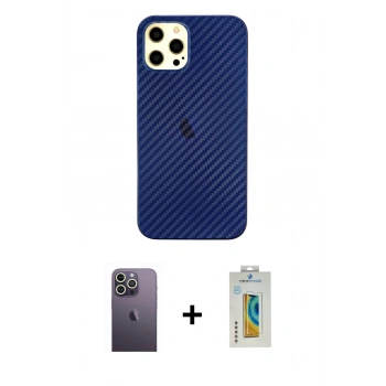 MARSİLYAN™- iPhone 12 Pro Max Kılıf Nova Çizgi - Siyah Polymer Nano Ekran Koruyucu + Neon Fosforlu Kamera Lens - BZ