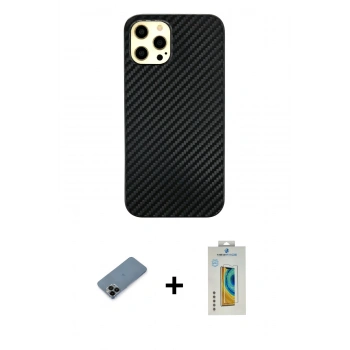 MARSİLYAN™- iPhone 12 Pro Max Kılıf Nova Çizgi - Siyah Polymer Nano Ekran Koruyucu + Shine Kamera Lens Koruma Cam - SH