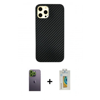 MARSİLYAN™- iPhone 12 Pro Max Kılıf Nova Çizgi - Siyah Polymer Nano Ekran Koruyucu + Neon Fosforlu Kamera Lens - YL