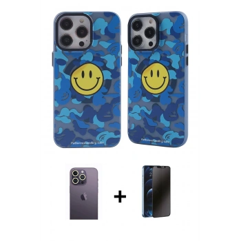 MARSİLYAN™- iPhone 12 Pro Max Kılıf Nova Doku Koleksiyonu - Siyah 3D Antistatik Hayalet Cam Ekran Koruyucu + Neon Fosforlu Kamera Lens - BZ