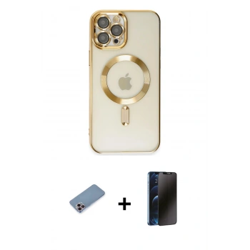 MARSİLYAN™- iPhone 12 Pro Max Kılıf Nova Işık Özel Seri - Siyah 3D Antistatik Hayalet Cam Ekran Koruyucu + Shine Kamera Lens Koruma Cam - PE