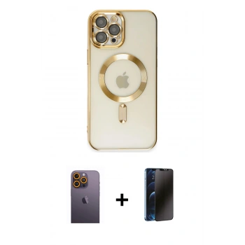 MARSİLYAN™- iPhone 12 Pro Max Kılıf Nova Işık Özel Seri - Siyah 3D Antistatik Hayalet Cam Ekran Koruyucu + Neon Fosforlu Kamera Lens - SI