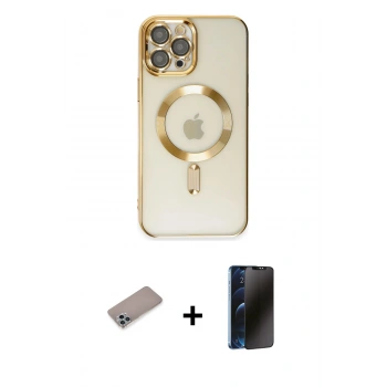 MARSİLYAN™- iPhone 12 Pro Max Kılıf Nova Işık Özel Seri - Siyah 3D Antistatik Hayalet Cam Ekran Koruyucu + Shine Kamera Lens Koruma Cam - SABE