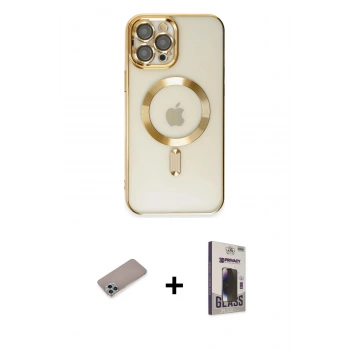 MARSİLYAN™- iPhone 12 Pro Max Kılıf Nova Işık Özel Seri - Siyah Bilvis Hayalet Cam Ekran Koruyucu + Shine Kamera Lens Koruma Cam - SABE