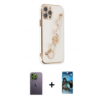 MARSİLYAN™- iPhone 12 Pro Max Kılıf Nova Işık Prime - Siyah 34D Izgaralı Cam + Neon Fosforlu Kamera Lens - YL