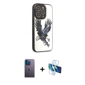 MARSİLYAN™- iPhone 12 Pro Max Kılıf Odak Klasik Serisi - Siyah 3D Antistatik Cam Ekran Koruyucu + Neon Fosforlu Kamera Lens - MI