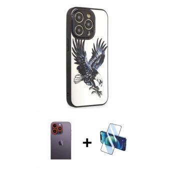 MARSİLYAN™- iPhone 12 Pro Max Kılıf Odak Klasik Serisi - Siyah 3D Antistatik Cam Ekran Koruyucu + Neon Fosforlu Kamera Lens - TU