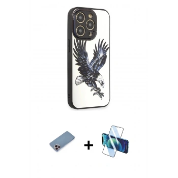 MARSİLYAN™- iPhone 12 Pro Max Kılıf Odak Klasik Serisi - Siyah 3D Antistatik Cam Ekran Koruyucu + Shine Kamera Lens Koruma Cam - PE