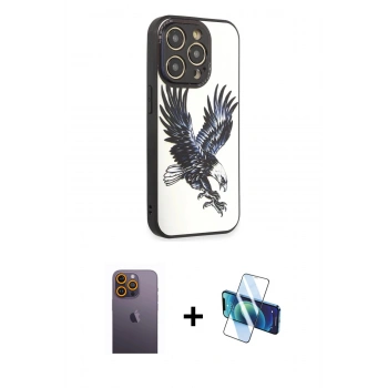 MARSİLYAN™- iPhone 12 Pro Max Kılıf Odak Klasik Serisi - Siyah 3D Antistatik Cam Ekran Koruyucu + Neon Fosforlu Kamera Lens - SI