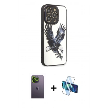 MARSİLYAN™- iPhone 12 Pro Max Kılıf Odak Klasik Serisi - Siyah 3D Antistatik Cam Ekran Koruyucu + Neon Fosforlu Kamera Lens - YL