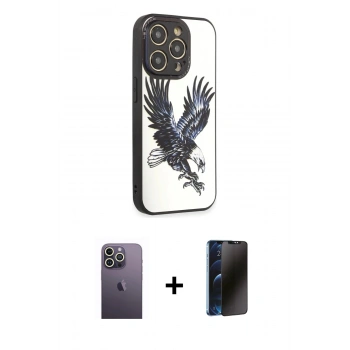 MARSİLYAN™- iPhone 12 Pro Max Kılıf Odak Klasik Serisi - Siyah 3D Antistatik Hayalet Cam Ekran Koruyucu + Neon Fosforlu Kamera Lens - BZ
