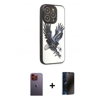 MARSİLYAN™- iPhone 12 Pro Max Kılıf Odak Klasik Serisi - Siyah 3D Antistatik Hayalet Cam Ekran Koruyucu + Neon Fosforlu Kamera Lens - TU
