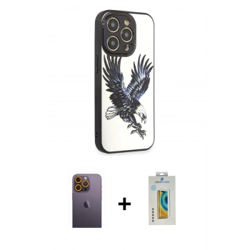 MARSİLYAN™- iPhone 12 Pro Max Kılıf Odak Klasik Serisi - Siyah Polymer Nano Ekran Koruyucu + Neon Fosforlu Kamera Lens - SI