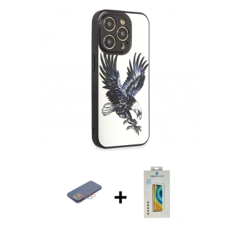 MARSİLYAN™- iPhone 12 Pro Max Kılıf Odak Klasik Serisi - Siyah Polymer Nano Ekran Koruyucu + Renkli Kamera Lens Koruma Cam - PE