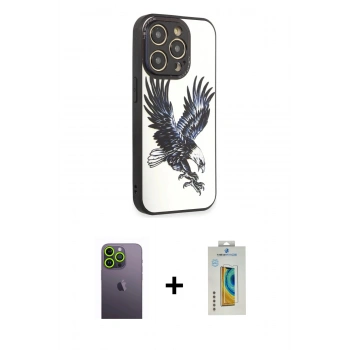 MARSİLYAN™- iPhone 12 Pro Max Kılıf Odak Klasik Serisi - Siyah Polymer Nano Ekran Koruyucu + Neon Fosforlu Kamera Lens - YL