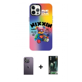 MARSİLYAN™- iPhone 12 Pro Max Kılıf Siluet Çizgi Koleksiyonu - Şeffaf 360 Full Body Arka Koruyucu + Neon Fosforlu Kamera Lens - BZ