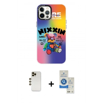 MARSİLYAN™- iPhone 12 Pro Max Kılıf Siluet Çizgi Koleksiyonu - Şeffaf Royal Nano Ekran Koruyucu + Shine Kamera Lens - GD